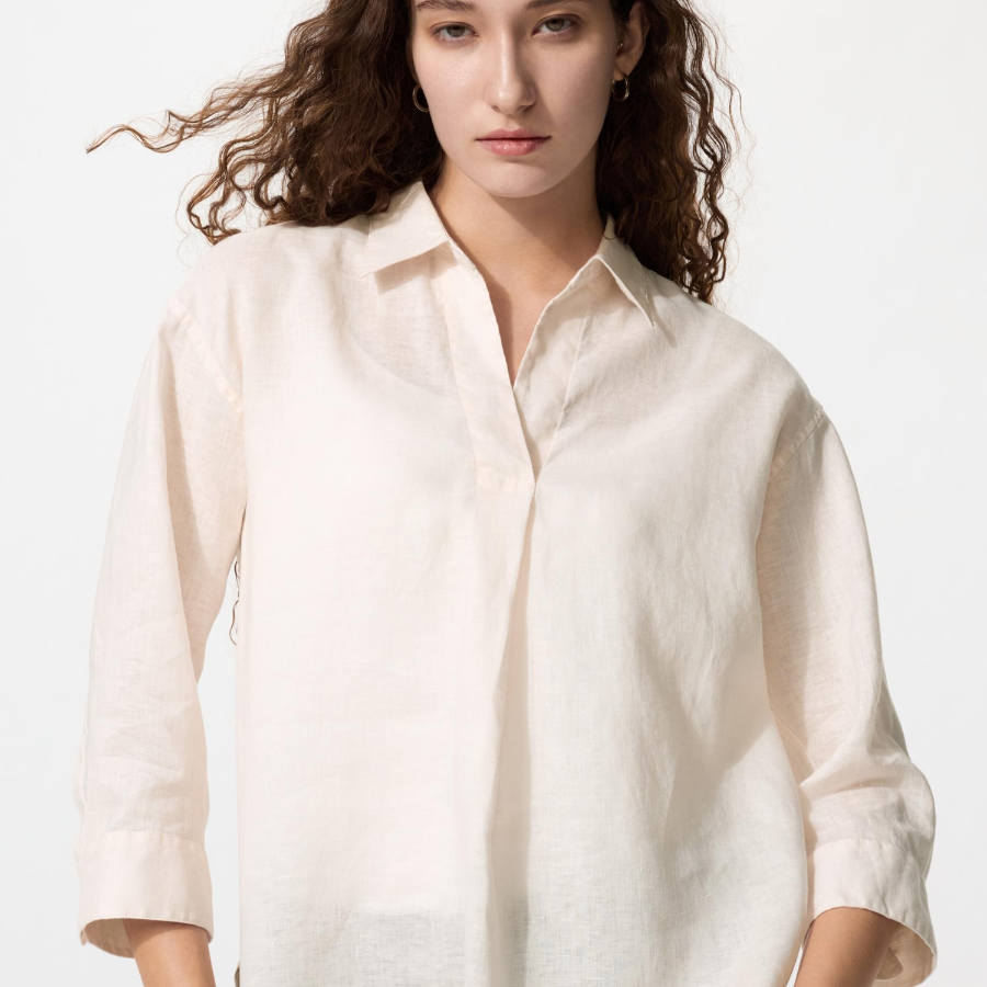Uniqlo Премиальная льняная рубашка с воротником-скейпером и рукавами 7/8