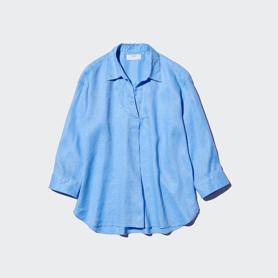 Uniqlo Премиальная льняная рубашка с воротником-скейпером и рукавами 7/8