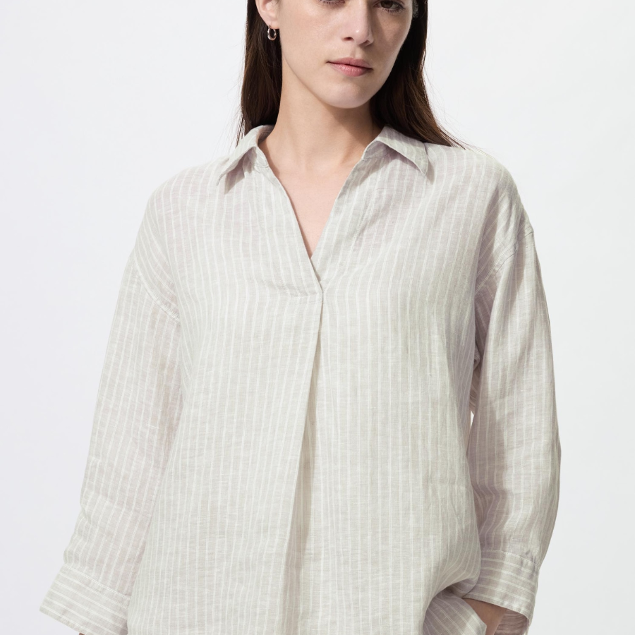 Uniqlo Рубашка из премиального льна с открытым воротом и рукавами 3/4