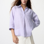 Uniqlo Рубашка из премиального льна с открытым воротом и рукавами 3/4