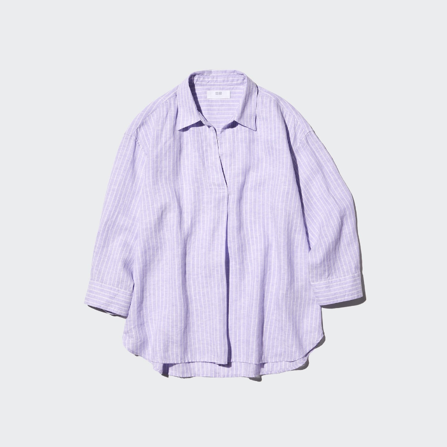 Uniqlo Рубашка из премиального льна с открытым воротом и рукавами 3/4