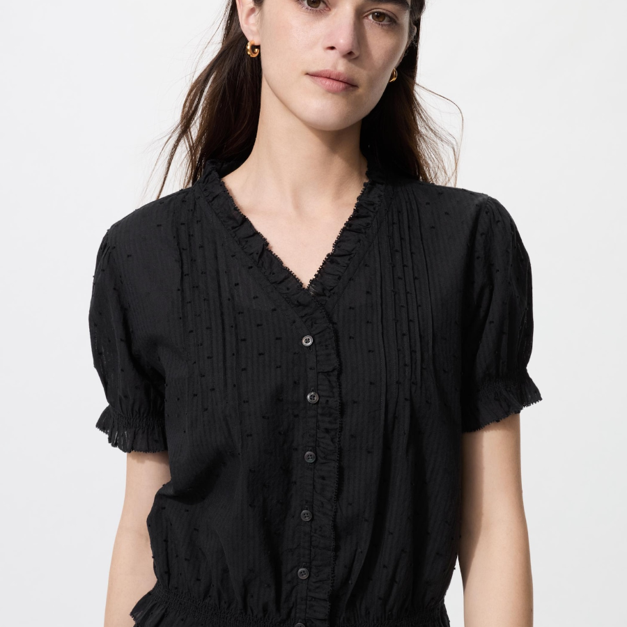 Uniqlo Хлопковая блузка с V-образным вырезом и короткими рукавами