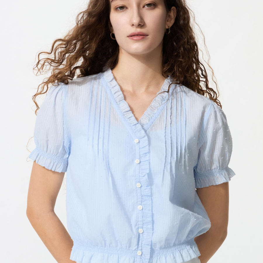 Uniqlo Хлопковая блузка с V-образным вырезом и короткими рукавами