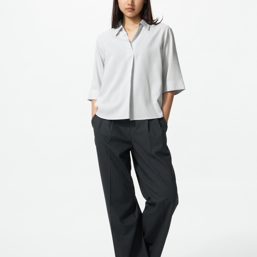 Uniqlo Полосатая блузка из вискозы с воротником и рукавами 3/4