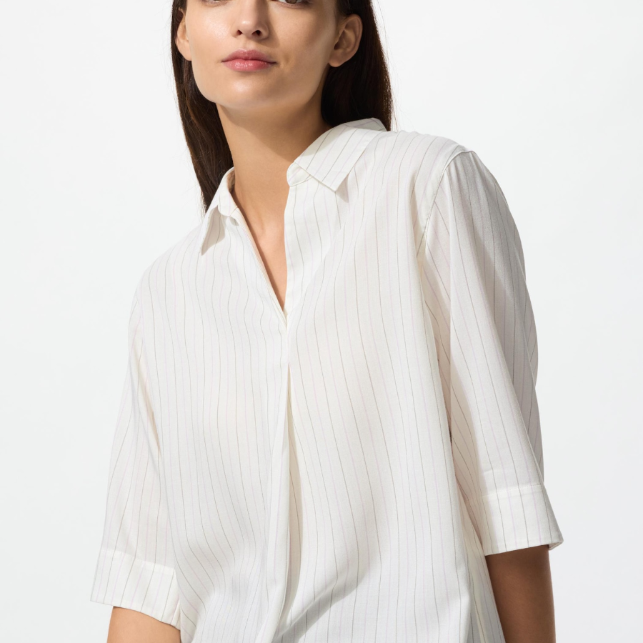 Uniqlo Полосатая блузка из вискозы с открытым воротником и рукавами 3/4
