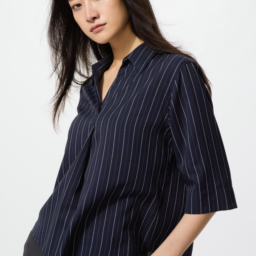 Uniqlo Полосатая блузка из вискозы с открытым воротником и рукавами 3/4