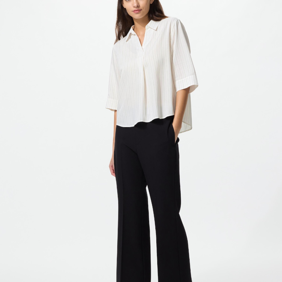 Uniqlo Полосатая блузка из вискозы с открытым воротником и рукавами 3/4