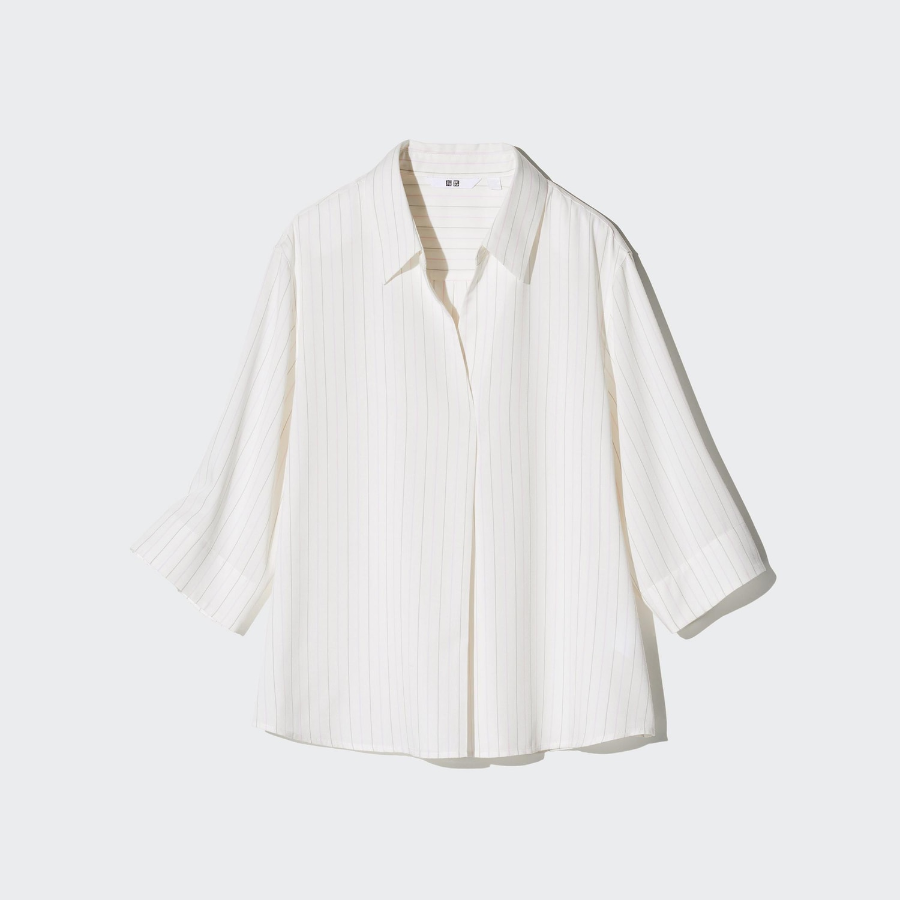 Uniqlo Полосатая блузка из вискозы с открытым воротником и рукавами 3/4