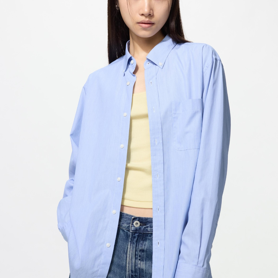 Uniqlo Рубашка из поплина с воротником на пуговицах, в тонкую полоску