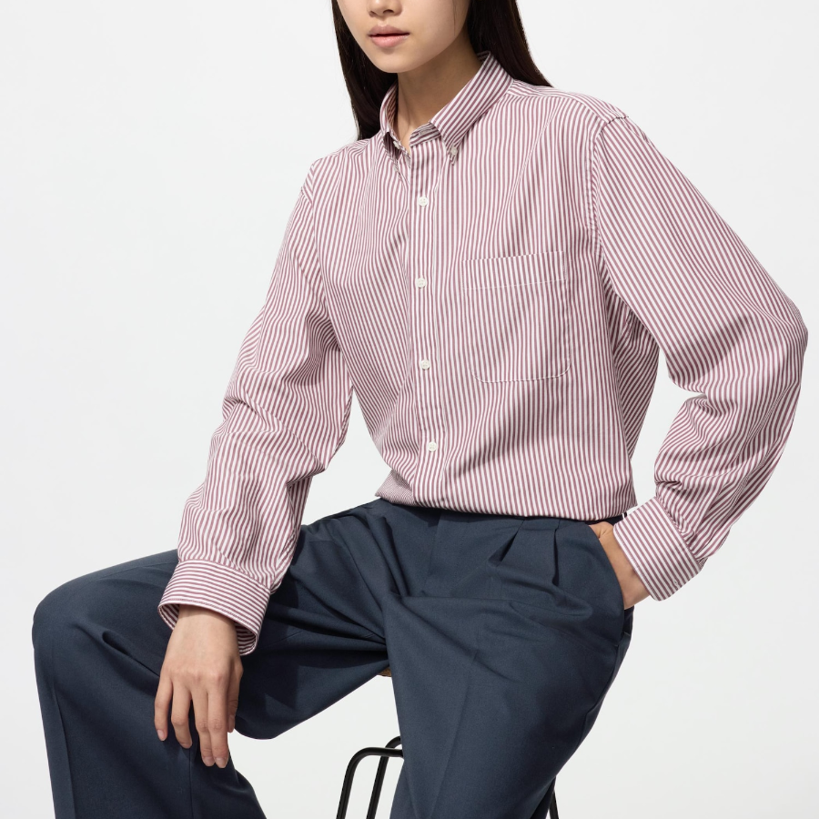 Uniqlo Полосатая хлопковая рубашка с воротником на пуговицах