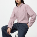 Uniqlo Полосатая хлопковая рубашка с воротником на пуговицах