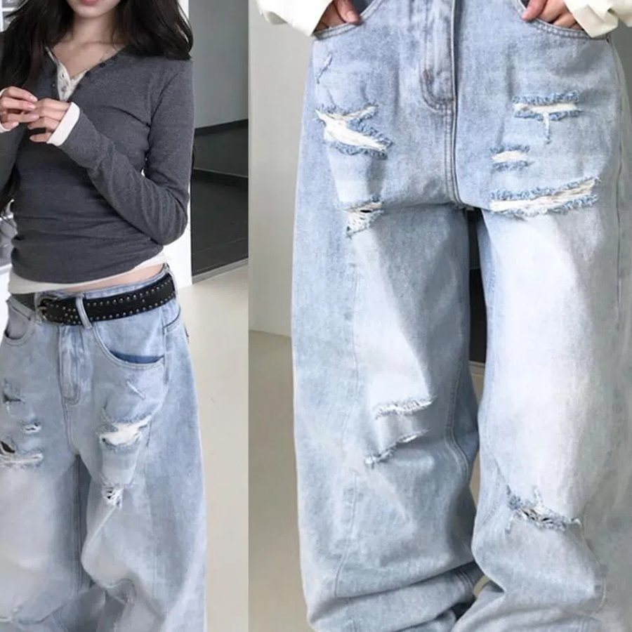 Широкие джинсы с эффектом distressed