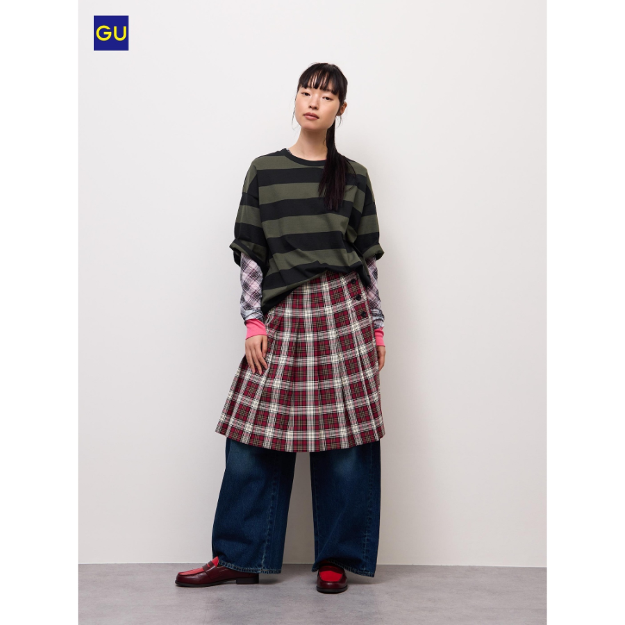 Uniqlo Side Button Pleated Check Skirt