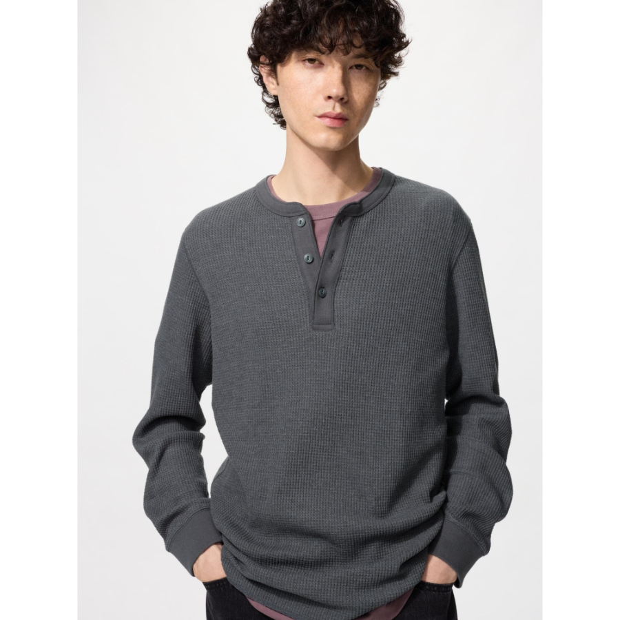 Uniqlo Waffle Henley Neck T Long Sleeve