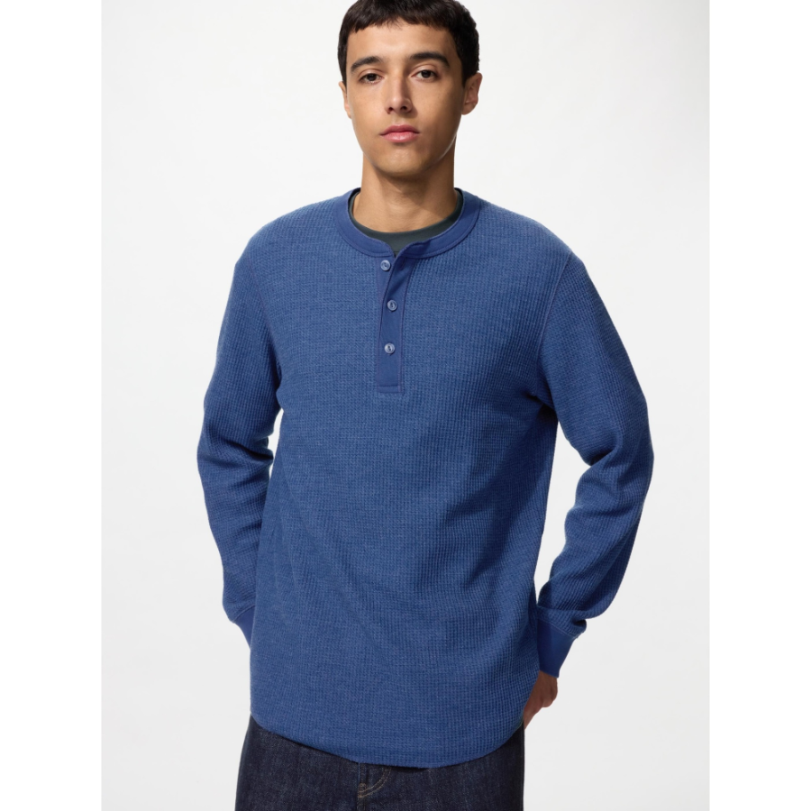 Uniqlo Waffle Henley Neck T Long Sleeve