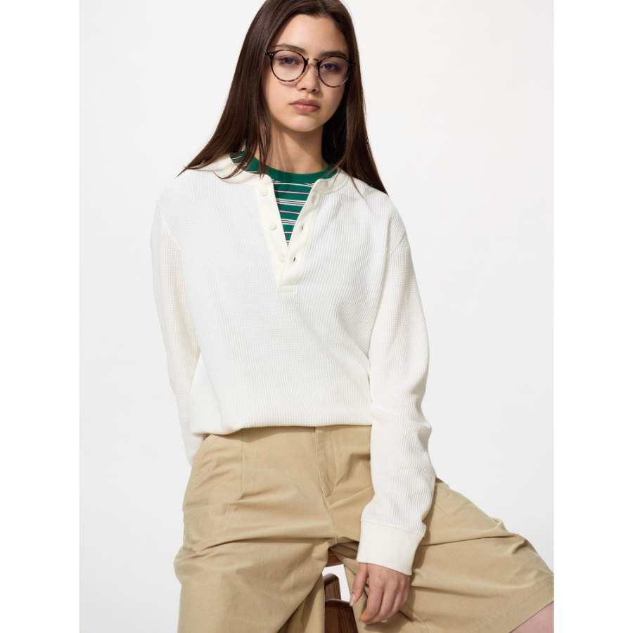 Uniqlo Waffle Henley Neck T Long Sleeve