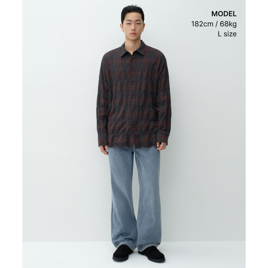 Musinsa Standard Relaxed Crinkle Flannel Check Shirt Dark Grey Burgundy