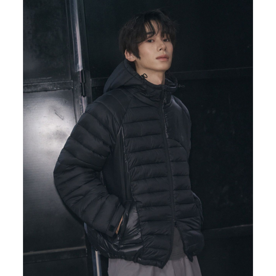 Leathery Curved Line Lightweight Puffer Jacket Black