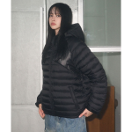 Leathery Curved Line Lightweight Puffer Jacket Black