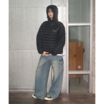 Leathery Curved Line Lightweight Puffer Jacket Black
